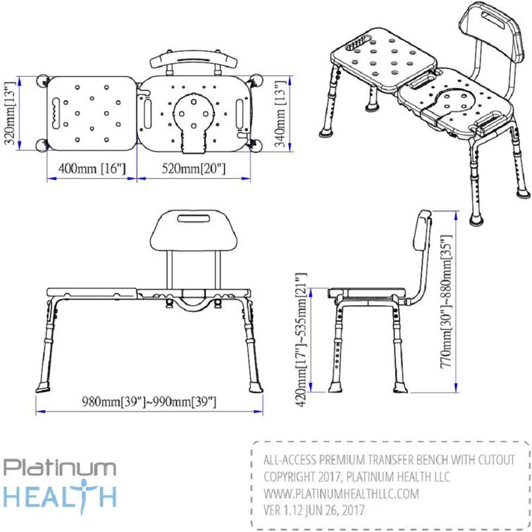 Adjustable Gray Plastic Bath Transfer Bench with Cutout