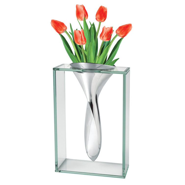 Elvis 13.5" Clear Glass and Silver Aluminum Table Vase