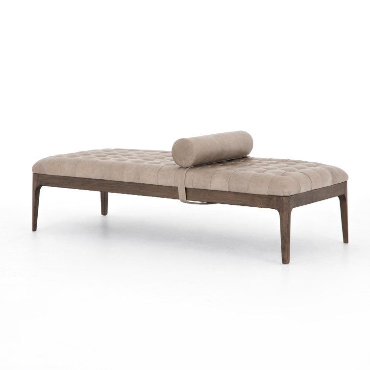 Modern Sonoma Grey 71.5" Tufted Leather Bench with Bolster Pillow
