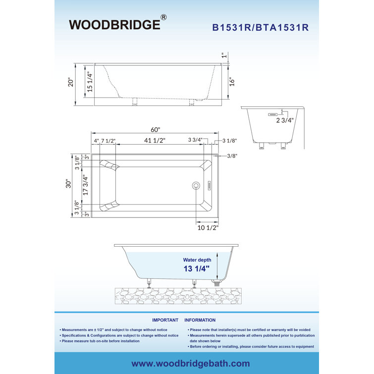 Vine 60'' x 30'' White Acrylic Alcove Soaking Bathtub