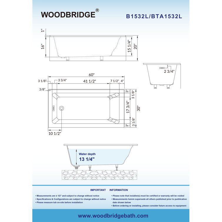 Flint 60'' x 30'' White Acrylic Alcove Soaking Bathtub