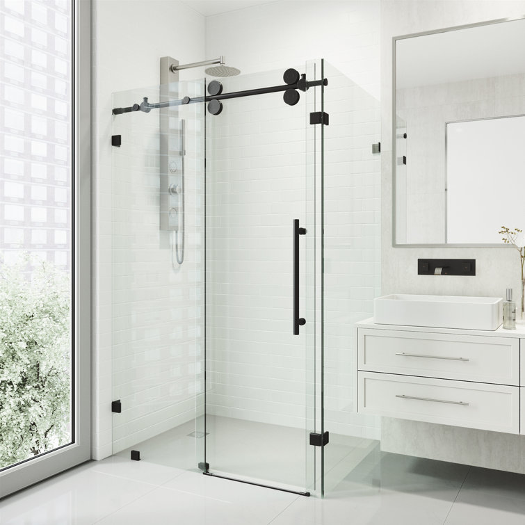 Winslow 46" Matte Black Frameless Sliding Shower Enclosure with Clear Glass