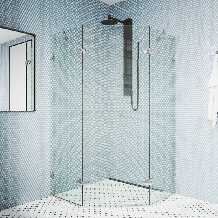 Gemini Frameless Neo-Angle Clear Glass Shower Enclosure with Brushed Nickel Hardware