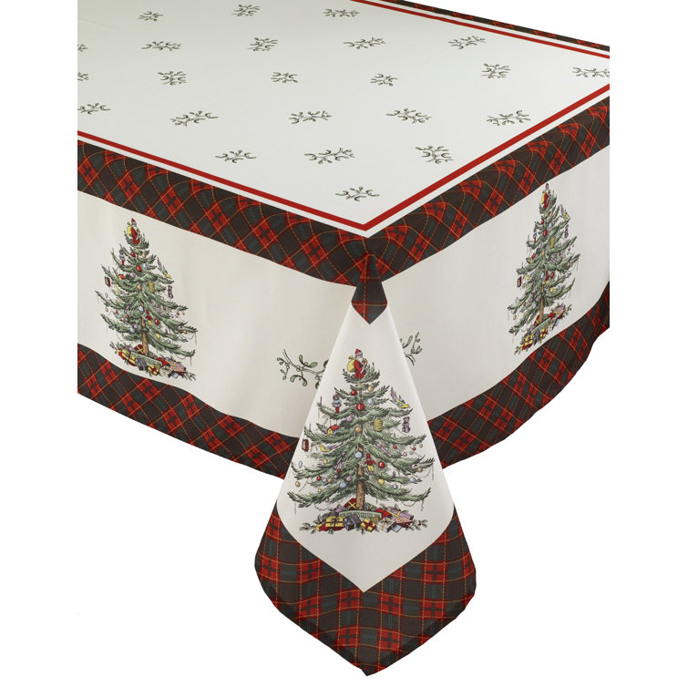 Holiday Ivory Polyester Tablecloth with Christmas Tree and Tartan Plaid