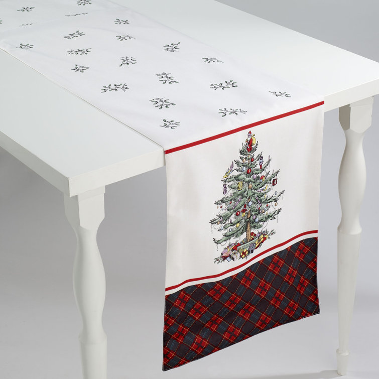 Off-White Christmas Tree Tartan Polyester Table Runner