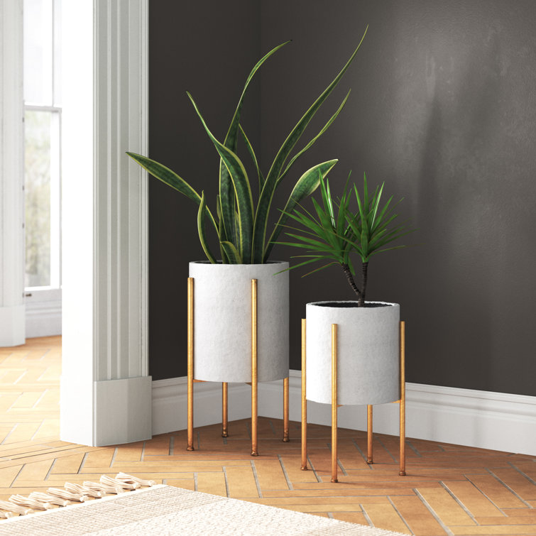 Mid-Century Gray Stucco Indoor/Outdoor Planter Set on Gold Stand