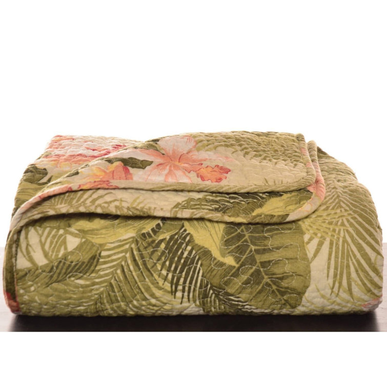 Tropical Orchid Green Cotton Reversible Throw Blanket