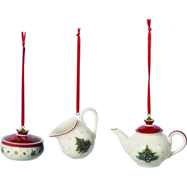 Victorian Christmas Porcelain Ornaments Set with Santa and Forest Scene