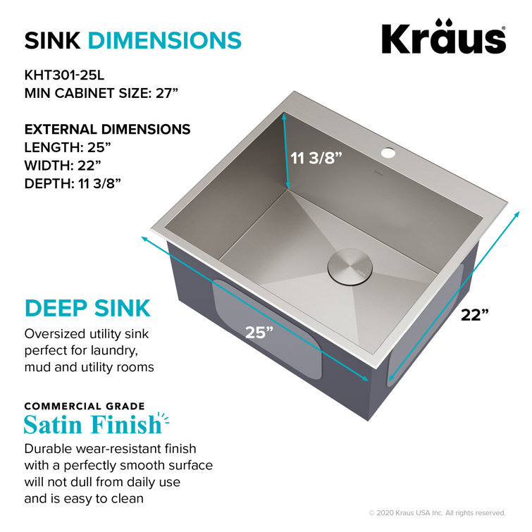 KRAUS Standart PRO 25" Drop-In 16 Gauge Stainless Steel Utility Sink