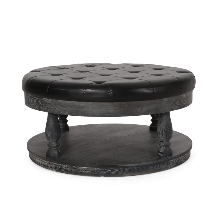 Andrue 40" Round Charcoal Gray Tufted Ottoman with Pine Wood Base