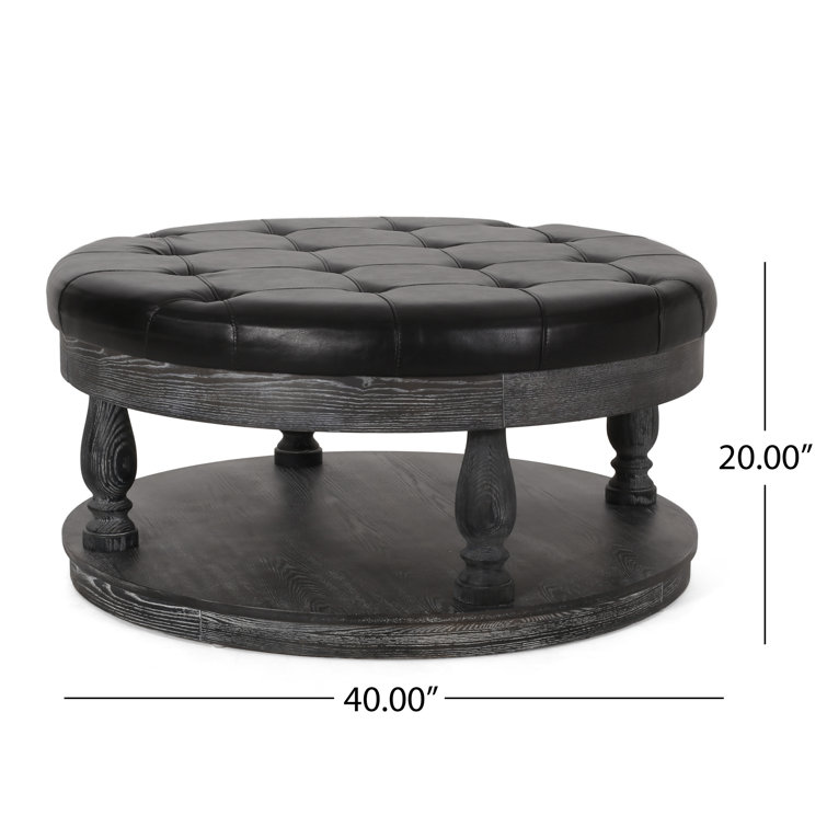 Andrue 40" Round Charcoal Gray Tufted Ottoman with Pine Wood Base