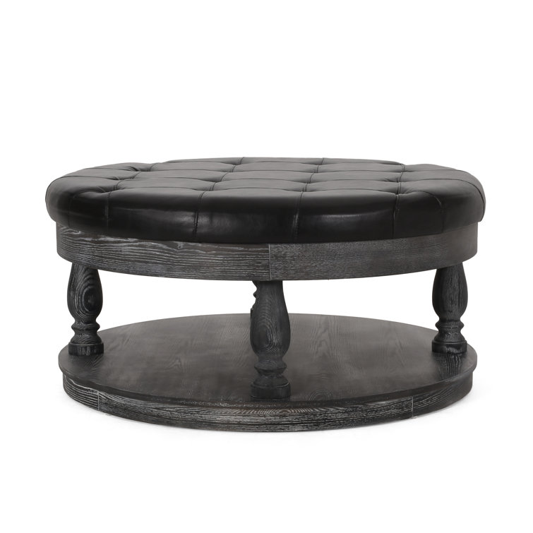 Andrue 40" Round Charcoal Gray Tufted Ottoman with Pine Wood Base
