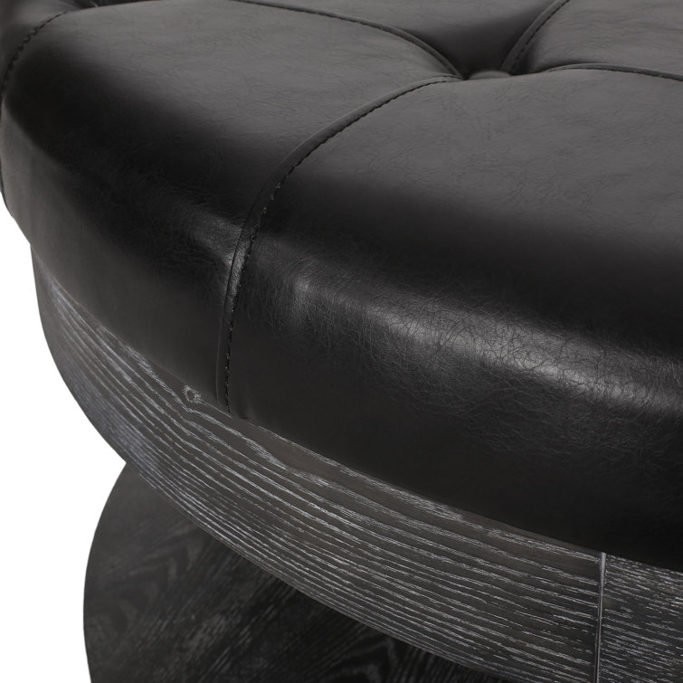 Andrue 40" Round Charcoal Gray Tufted Ottoman with Pine Wood Base
