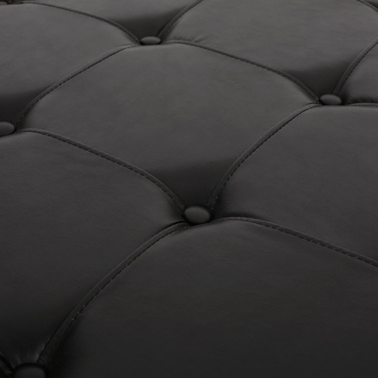 Andrue 40" Round Charcoal Gray Tufted Ottoman with Pine Wood Base