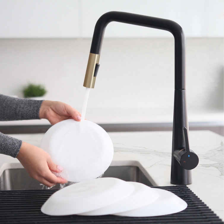 Matte Black and Gold Pull Down Kitchen Faucet with Spray