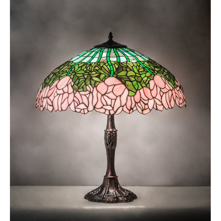 Mahogany Bronze Stained Glass Table Lamp with Pink and Green Shade