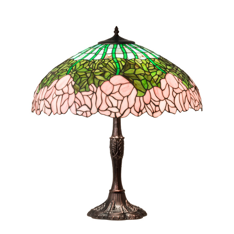 Mahogany Bronze Stained Glass Table Lamp with Pink and Green Shade