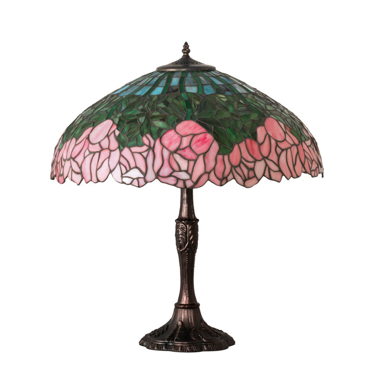 Mahogany Bronze Stained Glass Table Lamp with Pink and Green Shade