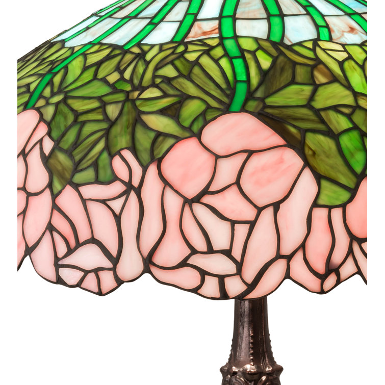 Mahogany Bronze Stained Glass Table Lamp with Pink and Green Shade