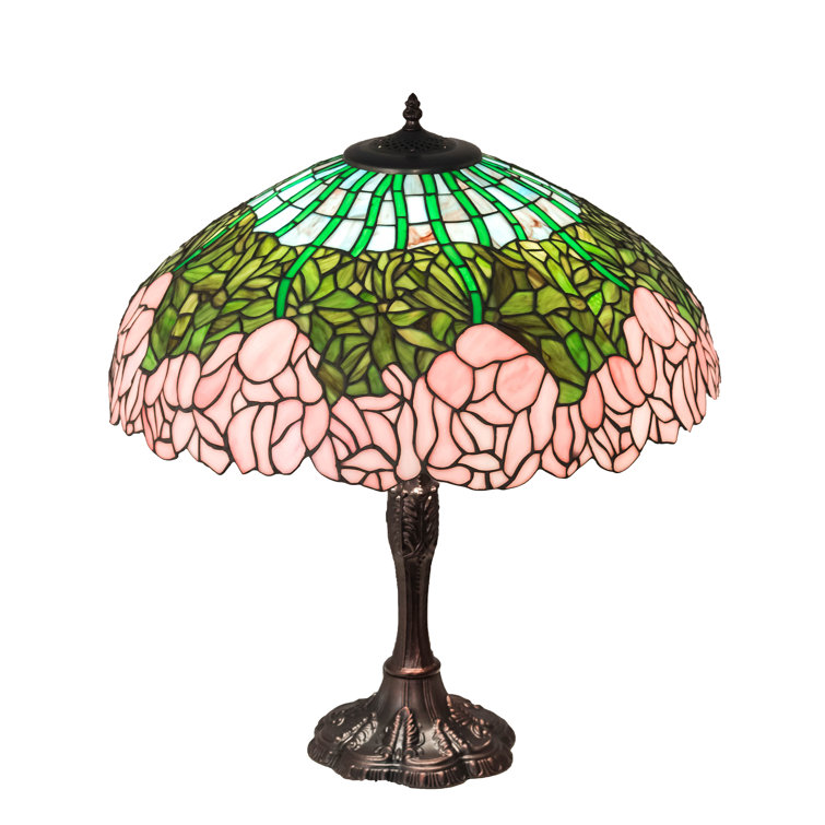 Mahogany Bronze Stained Glass Table Lamp with Pink and Green Shade