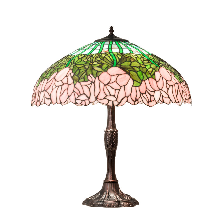 Mahogany Bronze Stained Glass Table Lamp with Pink and Green Shade