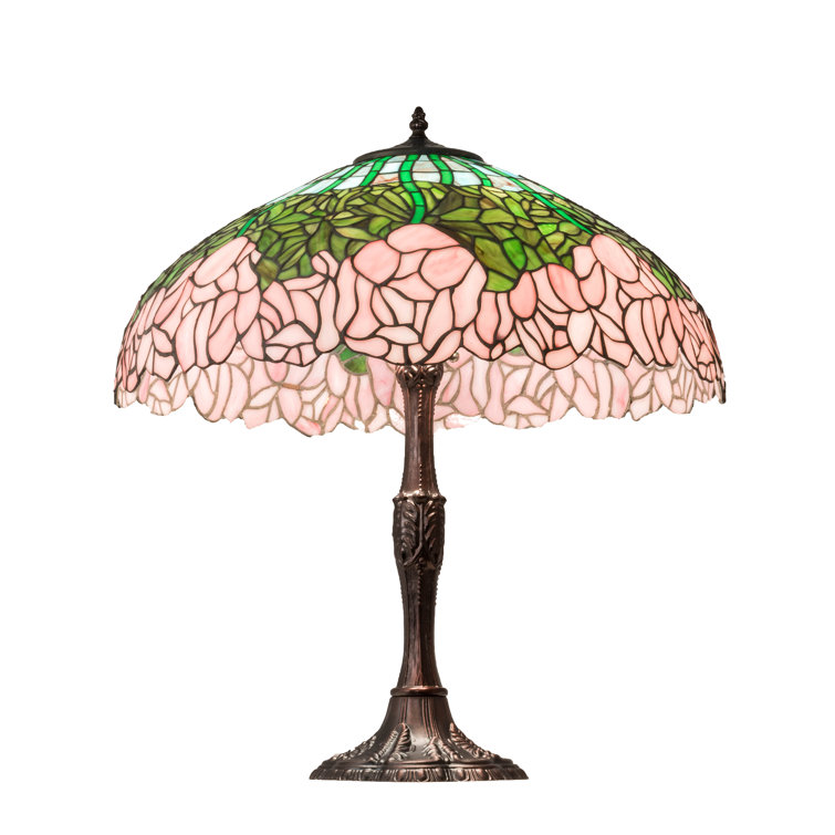 Mahogany Bronze Stained Glass Table Lamp with Pink and Green Shade