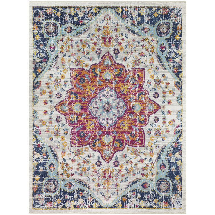 Gray Rectangular Medallion Synthetic Easy Care Area Rug