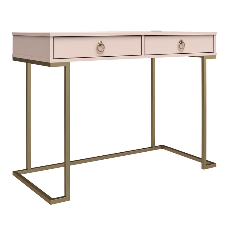 Pink Wood Writing Desk with Gold Metal Legs and Drawer