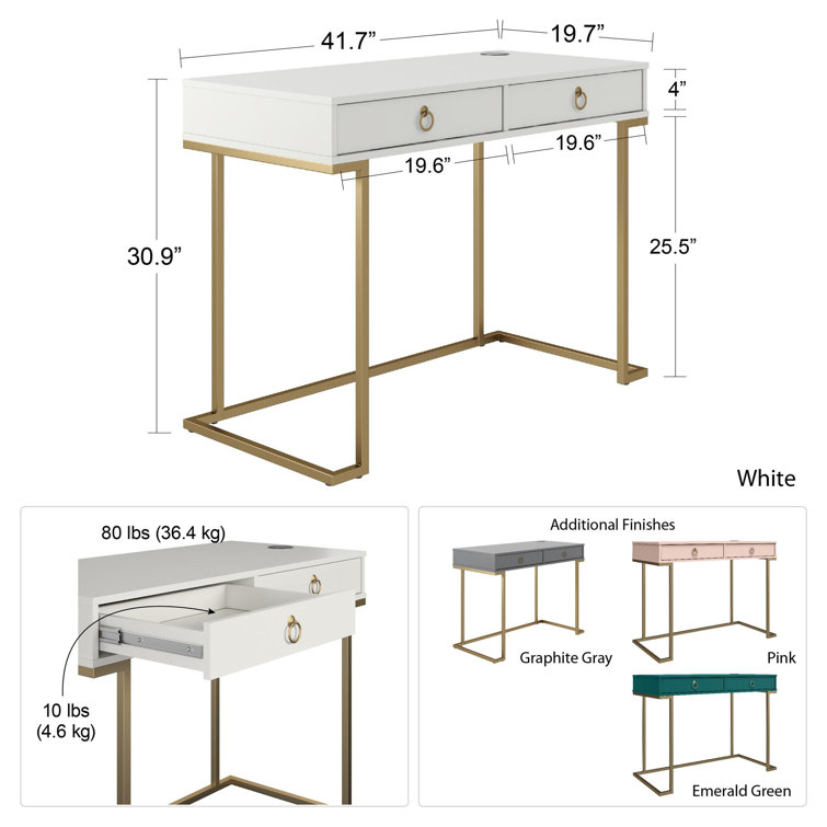 Pink Wood Writing Desk with Gold Metal Legs and Drawer
