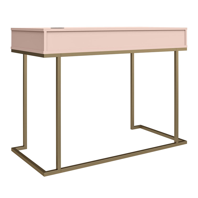Pink Wood Writing Desk with Gold Metal Legs and Drawer