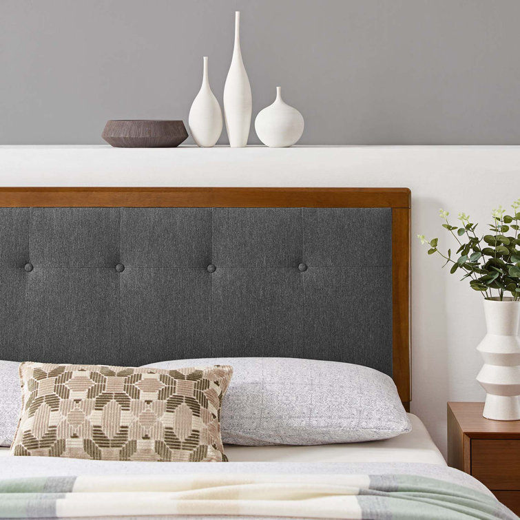 Mid-Century Walnut Charcoal Tufted Queen Headboard with Wood Frame