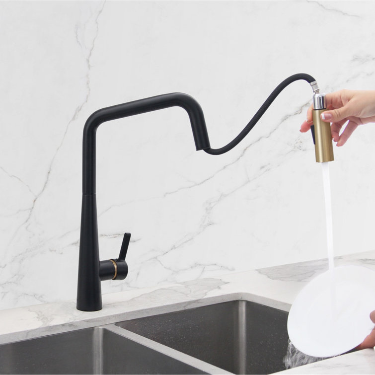 Matte Black and Gold Pull Down Kitchen Faucet with Spray