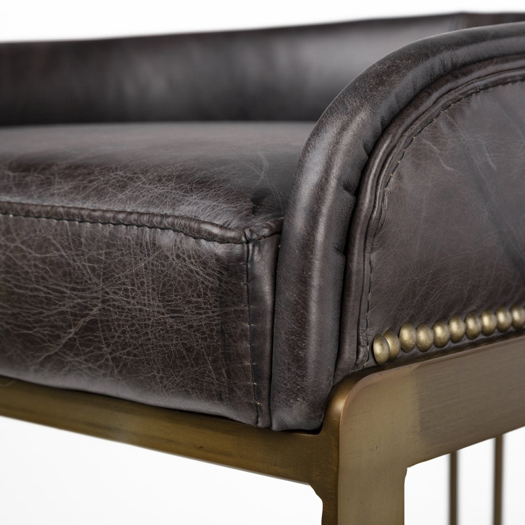 Hollyfield Black Leather and Brass Metal Bar Stool