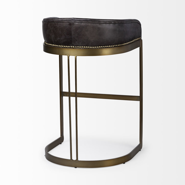 Hollyfield Black Leather and Brass Metal Bar Stool
