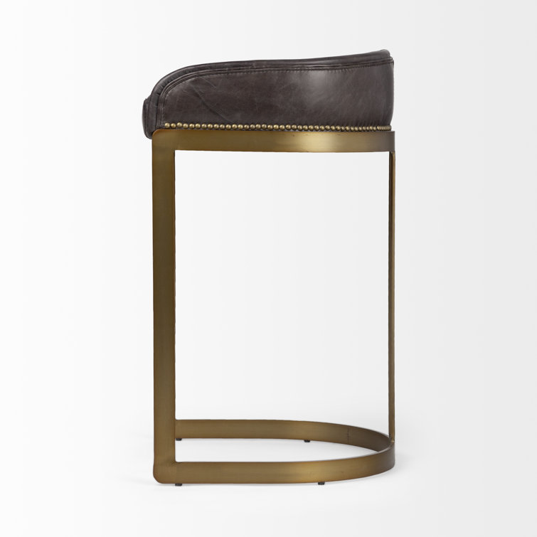 Hollyfield Black Leather and Brass Metal Bar Stool