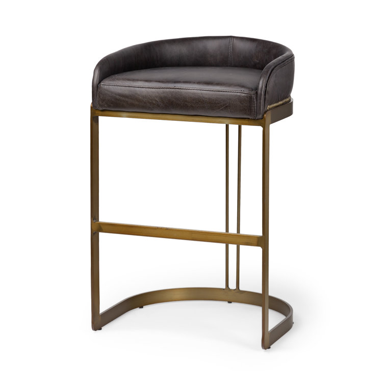 Hollyfield Black Leather and Brass Metal Bar Stool