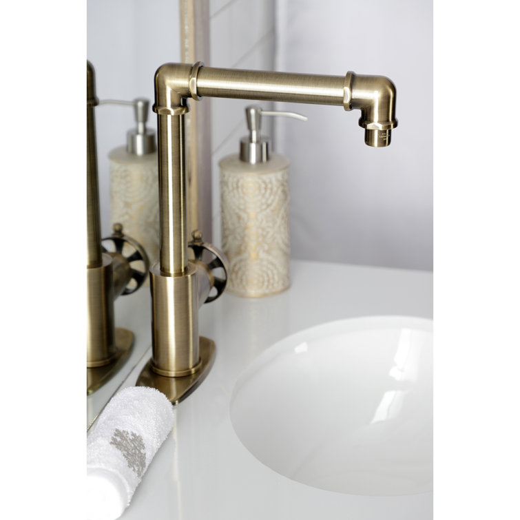 Antique Brass Single-Handle Bathroom Faucet with Push Pop-Up