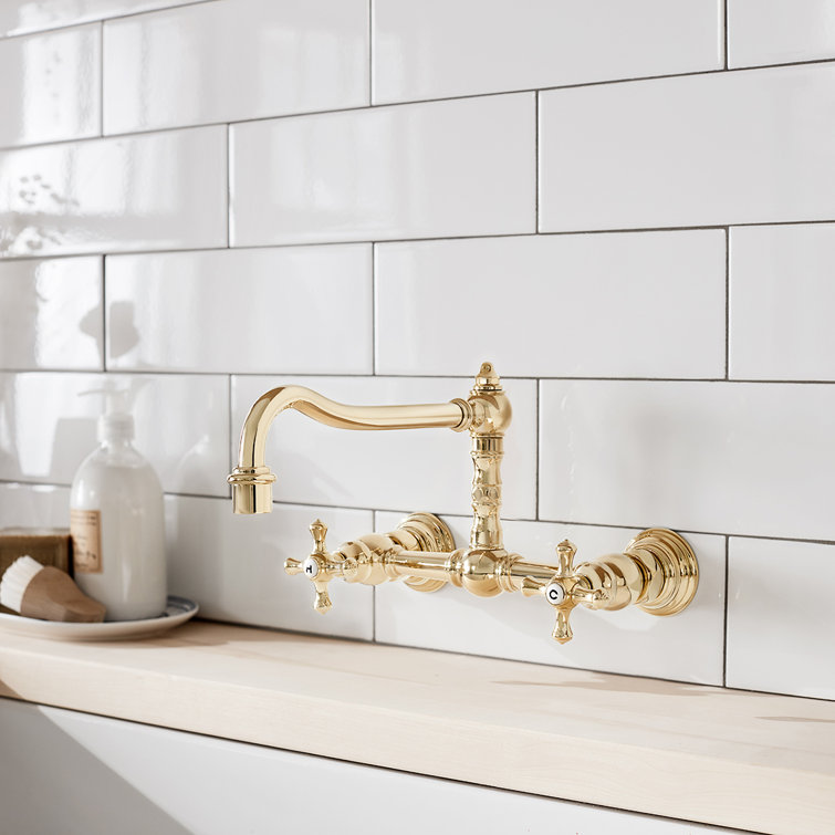 Polished Brass Double Handle Wall-Mounted Kitchen Faucet