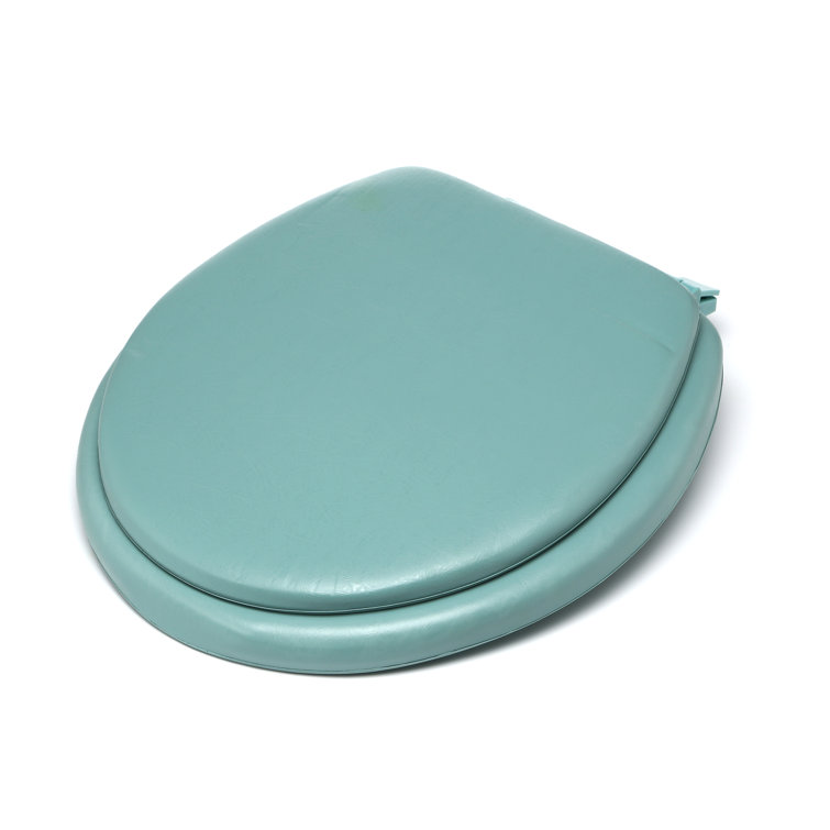 Light Green Vinyl and Wood Round Toilet Seat with Lid