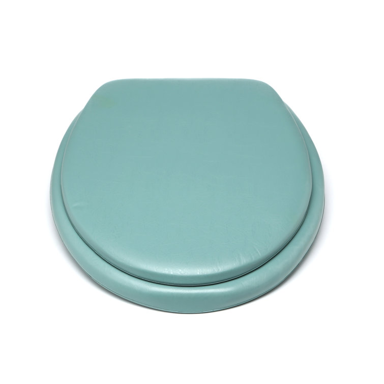 Light Green Vinyl and Wood Round Toilet Seat with Lid