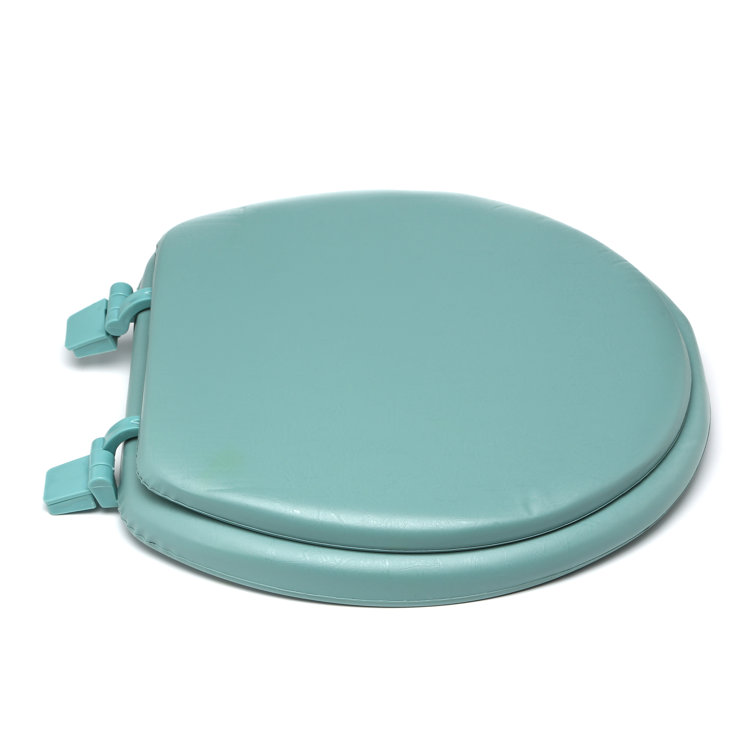 Light Green Vinyl and Wood Round Toilet Seat with Lid