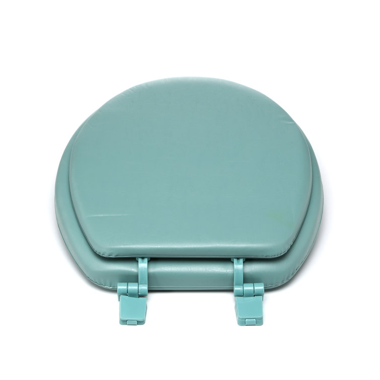 Light Green Vinyl and Wood Round Toilet Seat with Lid