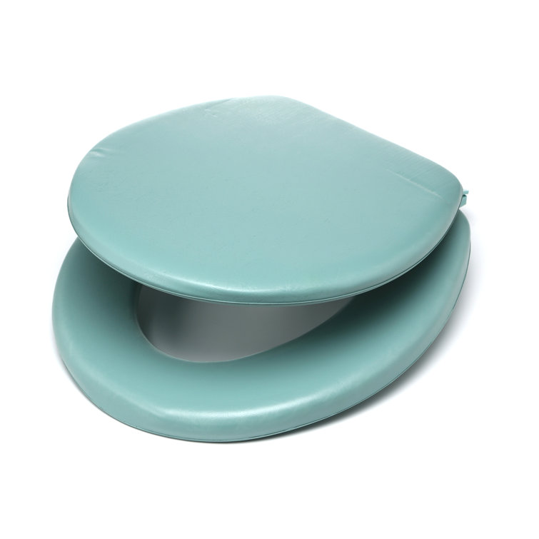 Light Green Vinyl and Wood Round Toilet Seat with Lid