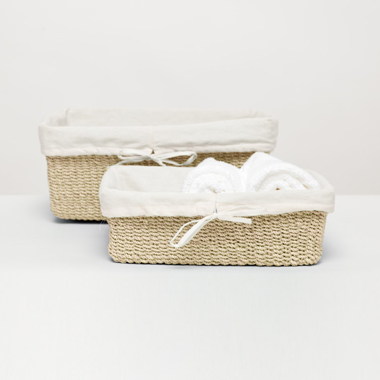 Bleached Abaca Woven Nested Storage Baskets with Linen Liner (Set of 2)