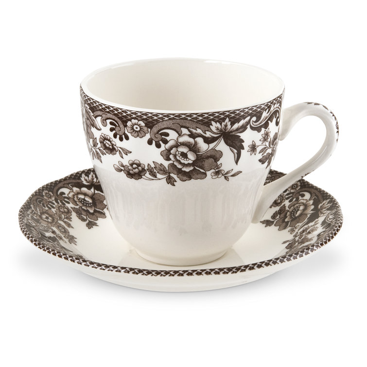Brown Floral Ceramic Teacup and Saucer Set