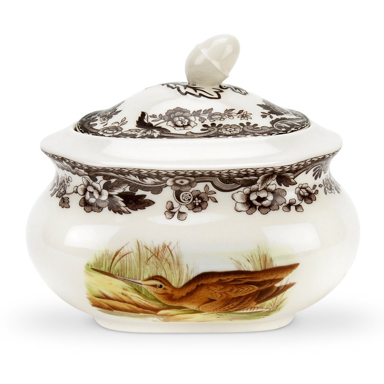 Vintage White Ceramic Covered Sugar Bowl with Snipe Design