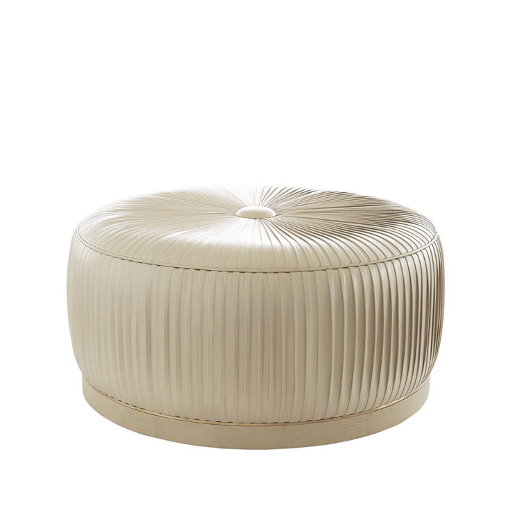 Ivory Top Grain Leather Round Ottoman with White Oak Base