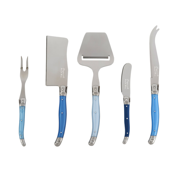 Laguiole Blue Acrylic Handle Cheese Knife Set with Wood Tray