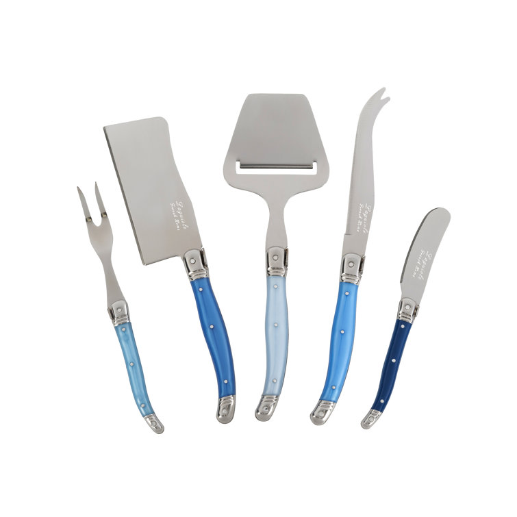 Laguiole Blue Acrylic Handle Cheese Knife Set with Wood Tray