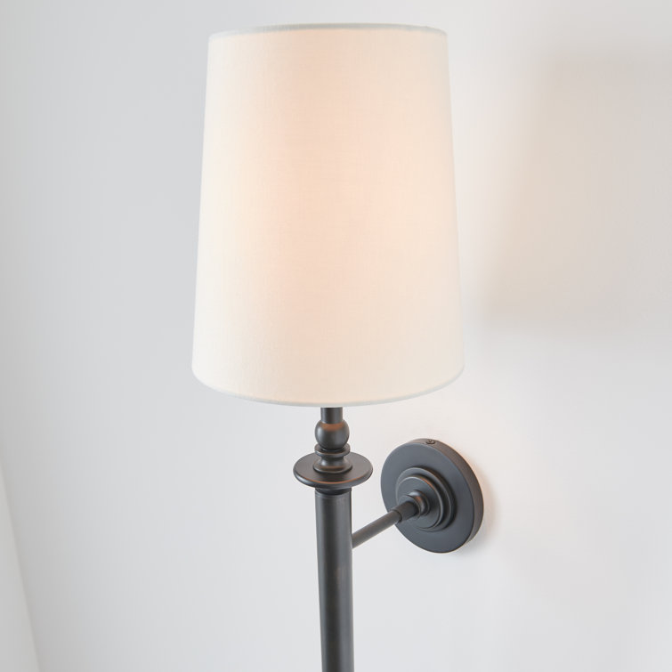 Aged Iron Black Dimmable Wall Sconce with White Linen Shade